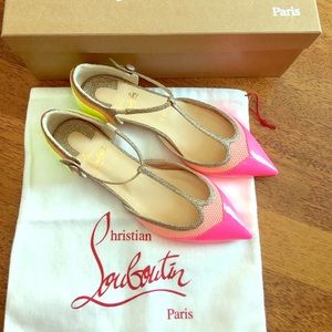 Christian Louboutin Neon Pink, Green & Silver Flat